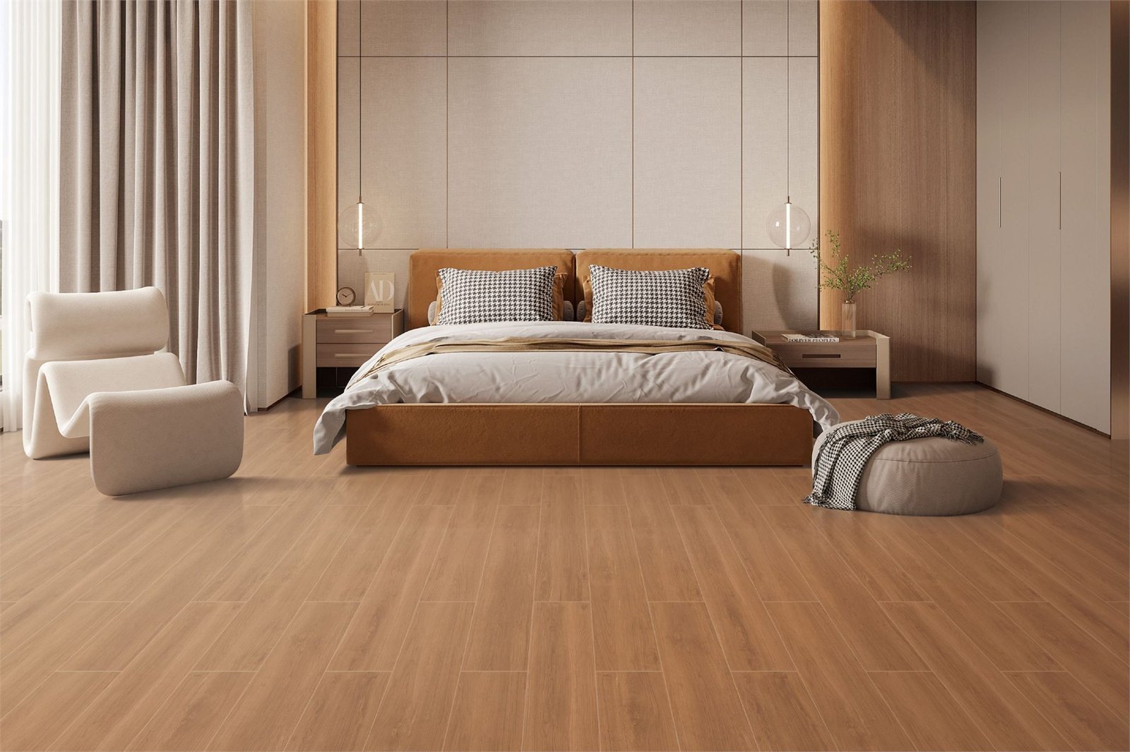 200 by 1000 millimeter wood-look tile in a warm bedroom interior