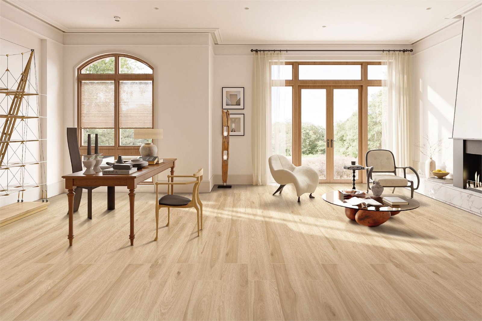 Bright interior finished with light wood-look tile flooring