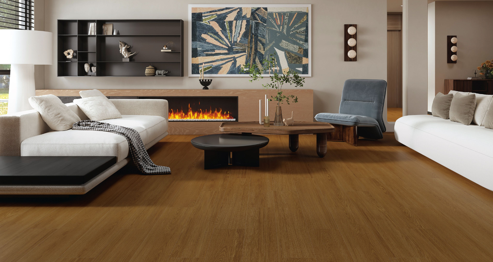 Contemporary interior featuring warm wood-look tile flooring